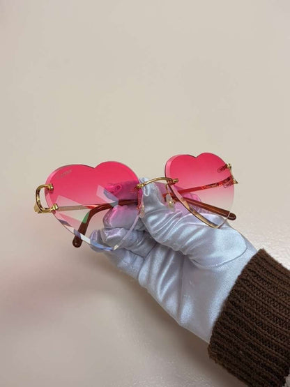 Cartier Big C Rimless Heart Sunglasses Pink Gradient Lens Gold Frame Full Set.