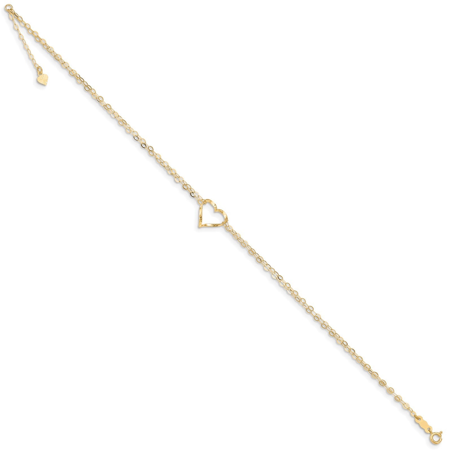 Real 14kt Yellow Gold Double Strand Heart 9in Plus 1in Ext Anklet; 9 inch
