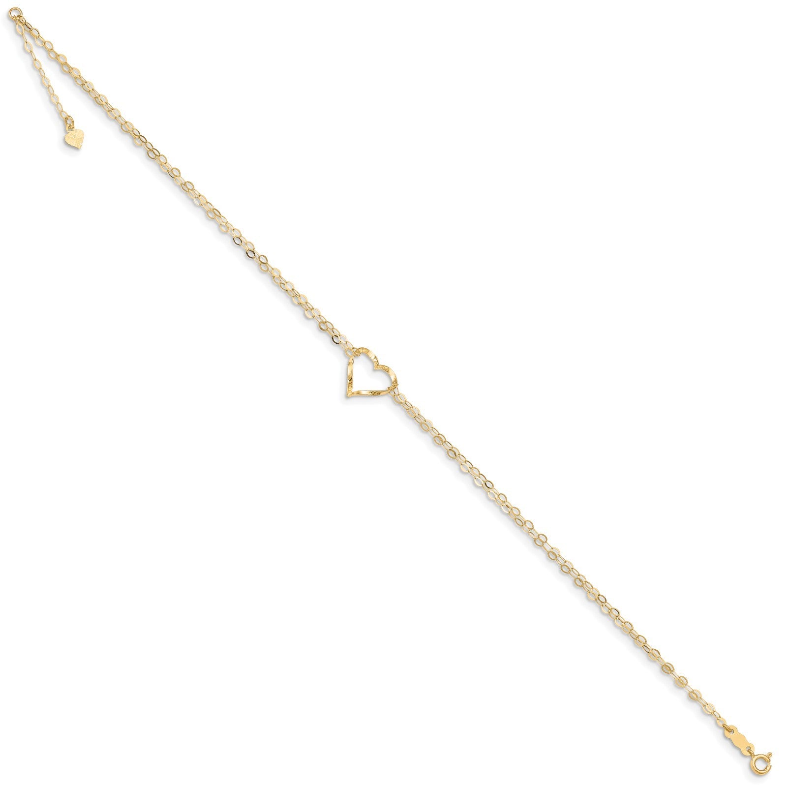 Real 14kt Yellow Gold Double Strand Heart 9in Plus 1in Ext Anklet; 9 inch