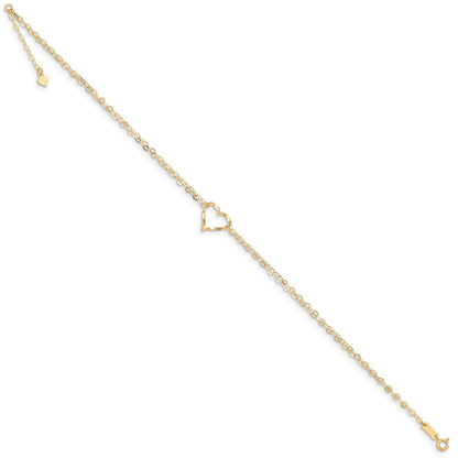 Real 14kt Yellow Gold Double Strand Heart 9in Plus 1in Ext Anklet; 9 inch