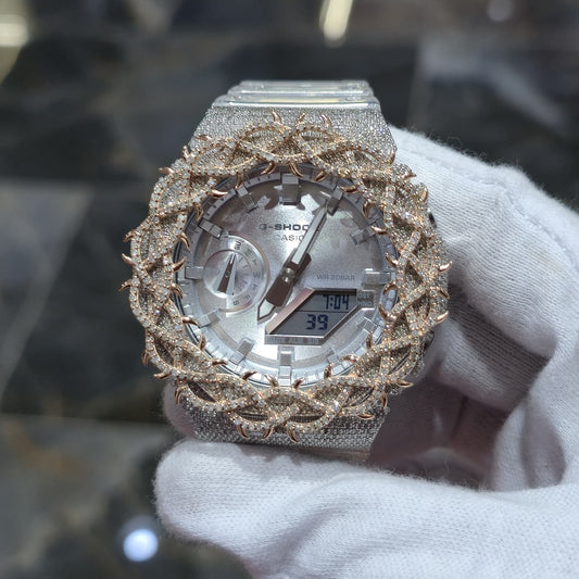 Authentic Casio G-Shock S2100  Iced Out Natural Diamond Watch 5CT | Silver Dial