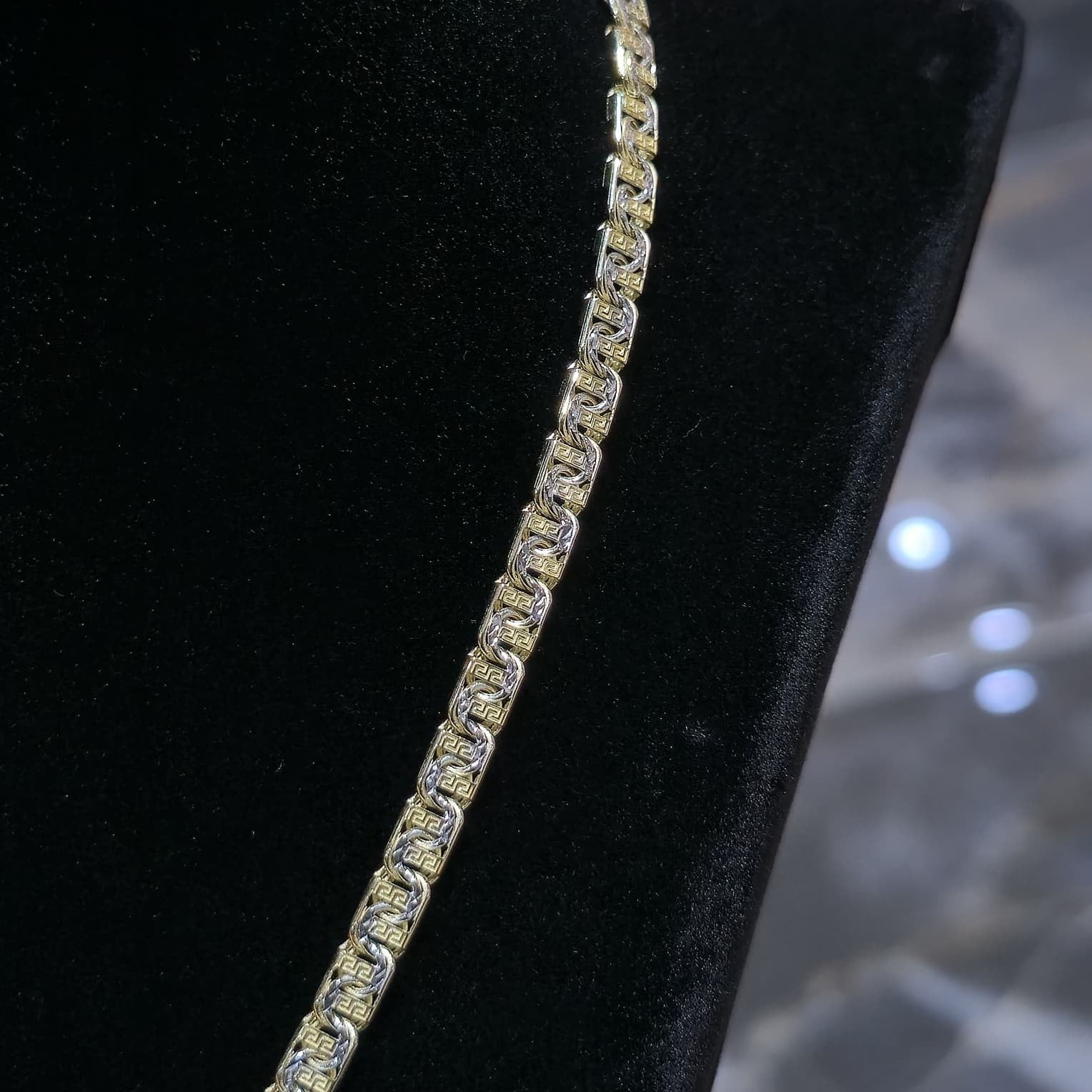 10K Yellow Gold Two Tone Heart Necklace Bracelet Set Greek Key Womens 17" 7" 5mm