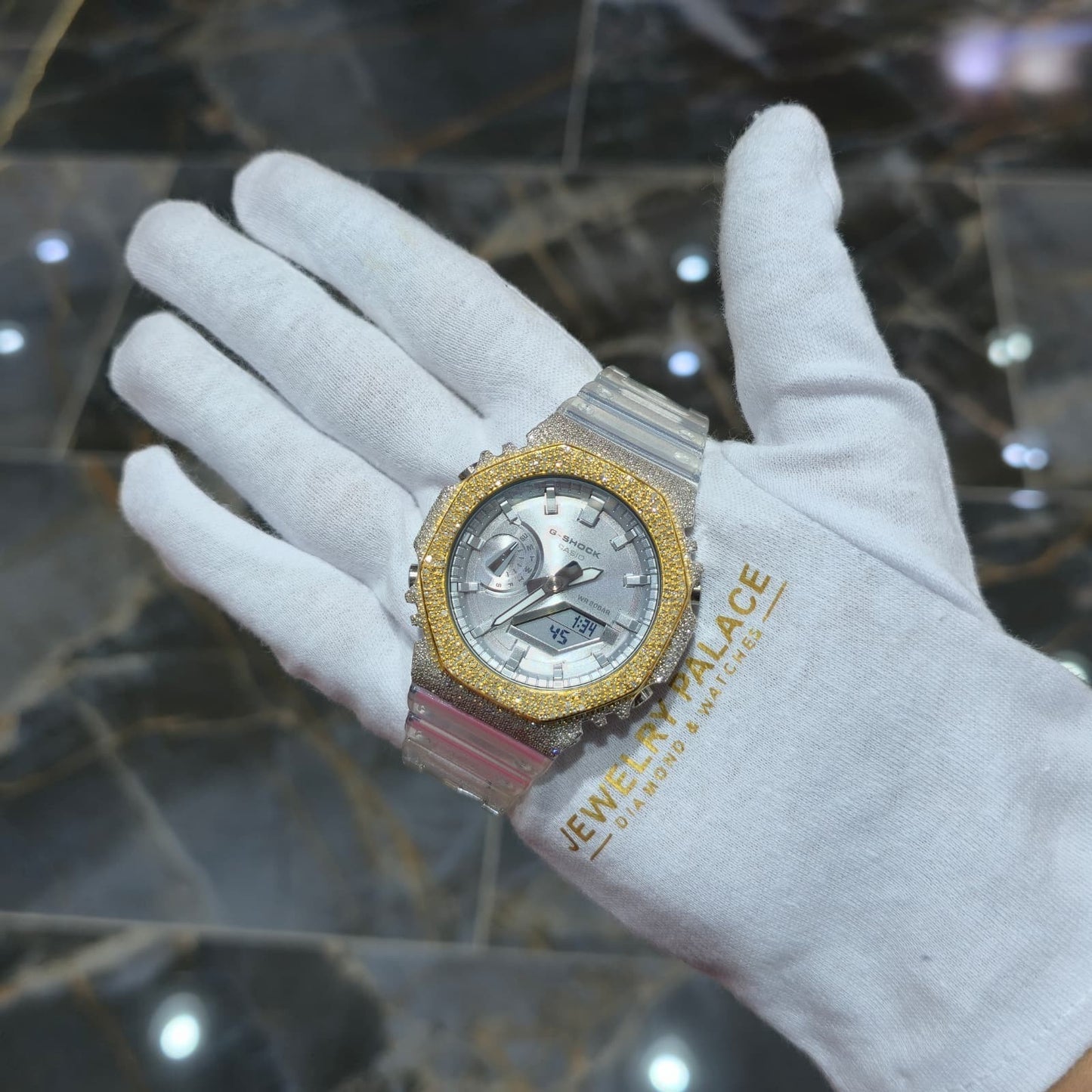 Casio G-Shock S2100  Iced Out Natural Diamond Watch 5CT | Silver Dial Clear Band