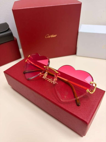 Cartier Big C Rimless Heart Sunglasses Pink Gradient Lens Gold Frame Full Set.