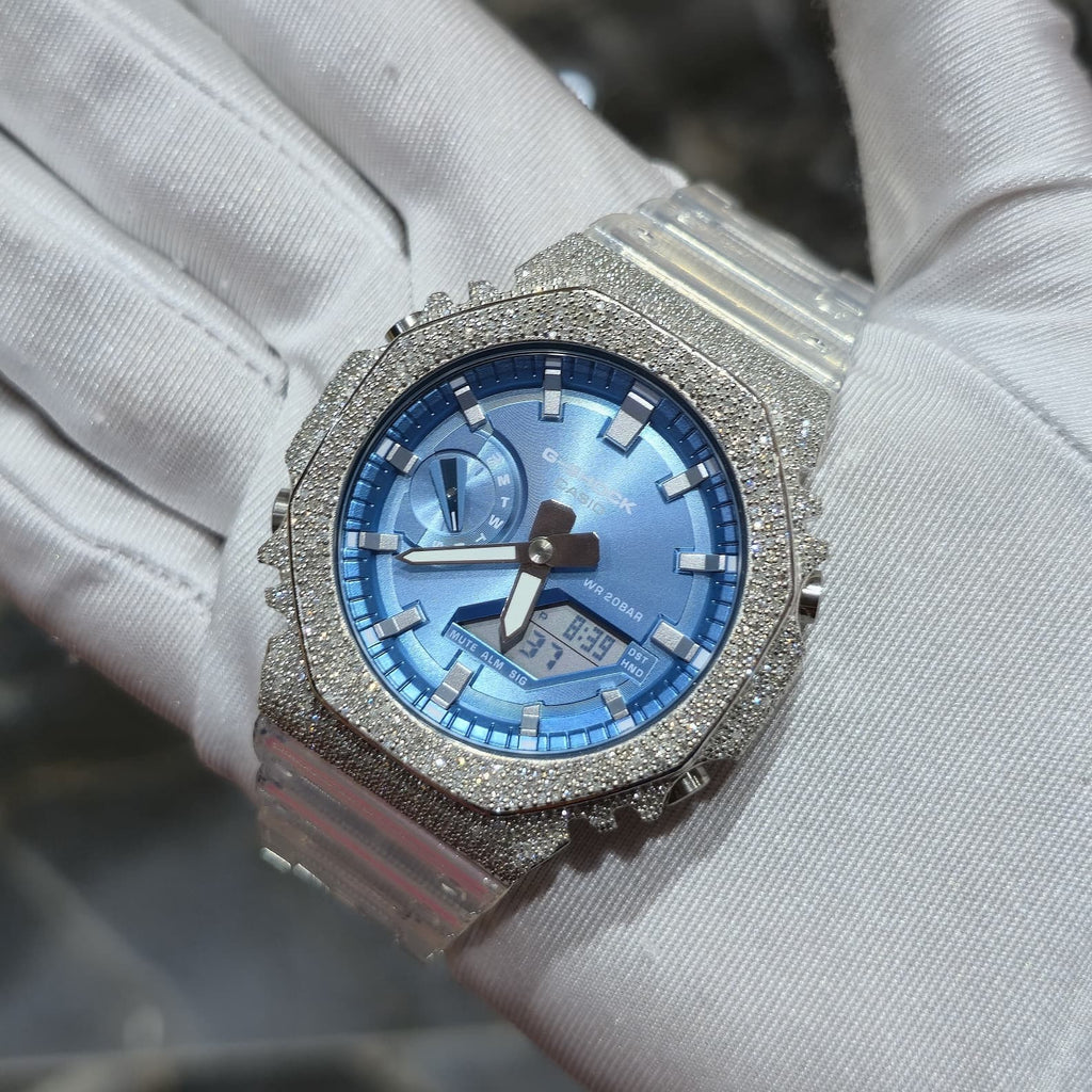 Casio G-Shock S2100  Iced Out Natural Diamond Watch 5CT | Blue Dial Clear Band