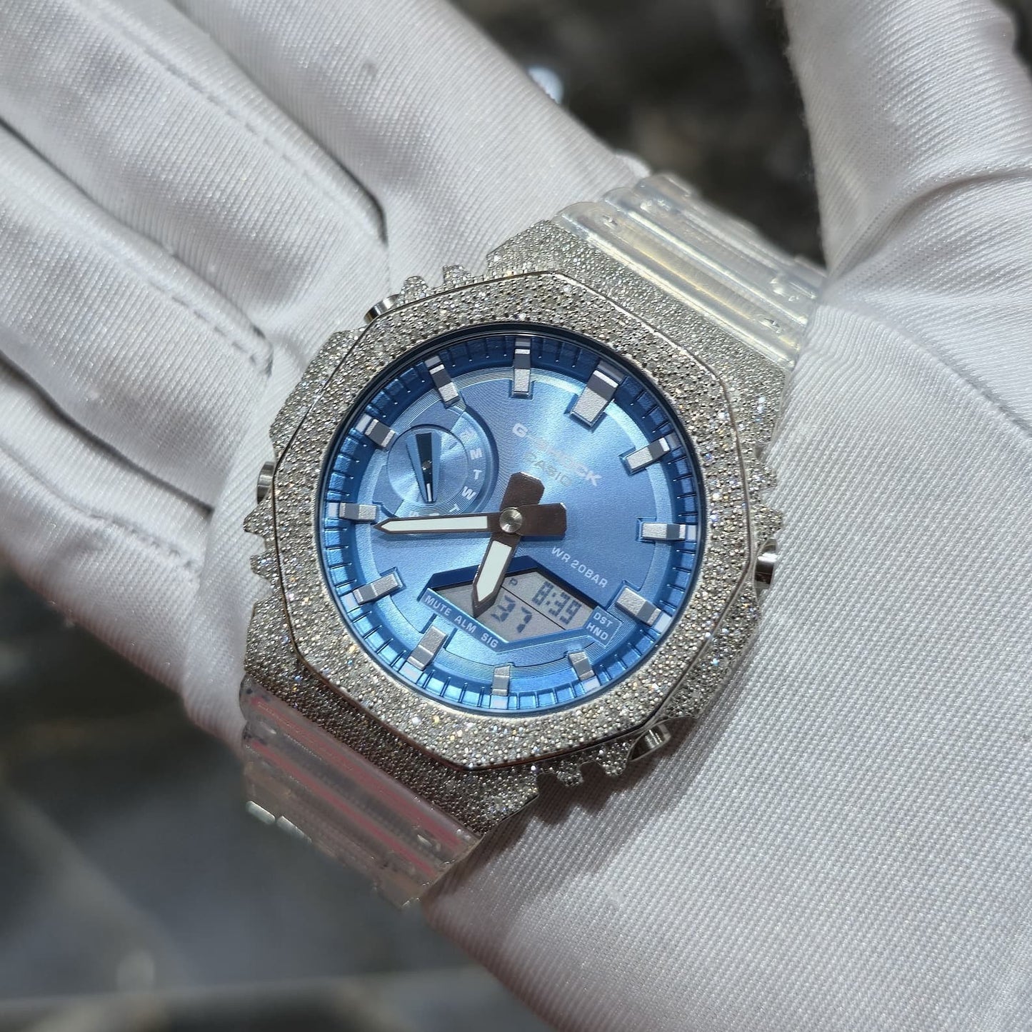 Casio G-Shock S2100  Iced Out Natural Diamond Watch 5CT | Blue Dial Clear Band