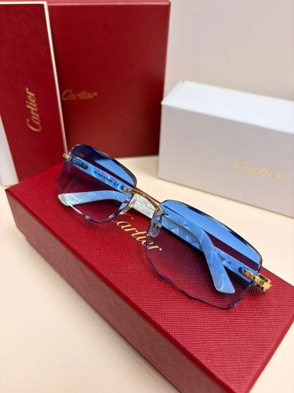 Cartier C Decor Rimless Sunglasses Customized Authentic Blue Lenses Full Set Box