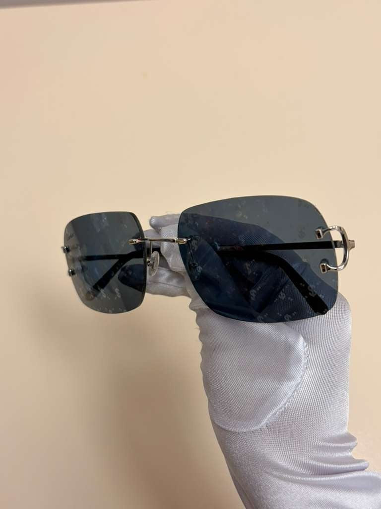 Cartier Big C Rimless Sunglasses Silver Frame Grey Lens Authentic w/ Box & Full