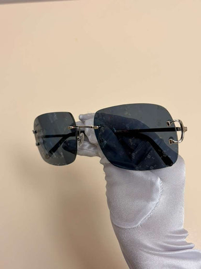 Cartier Big C Rimless Sunglasses Silver Frame Grey Lens Authentic w/ Box & Full