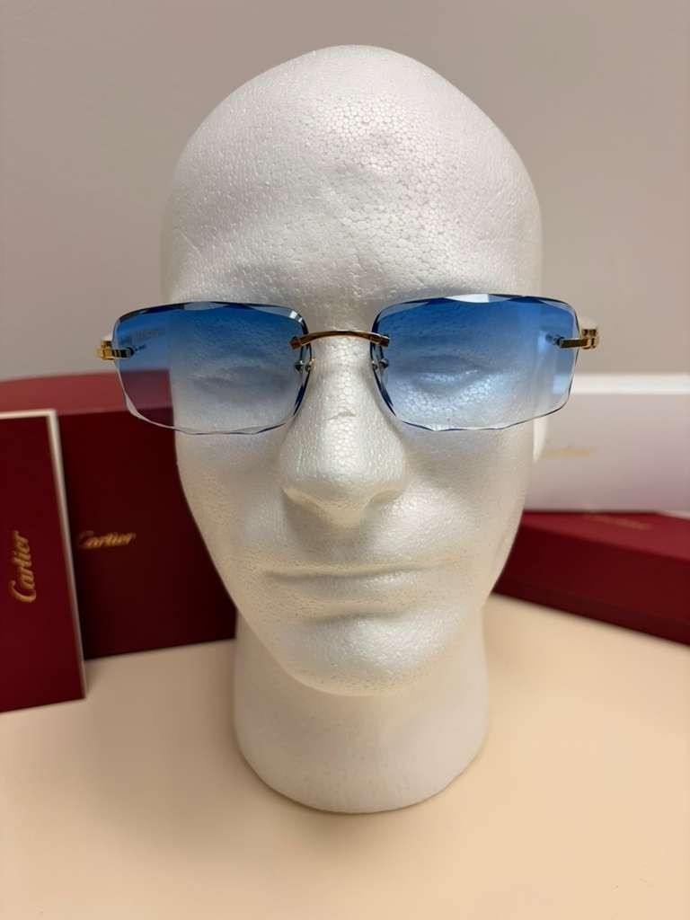 Cartier C Decor Rimless Sunglasses Customized Authentic Blue Lenses Full Set Box