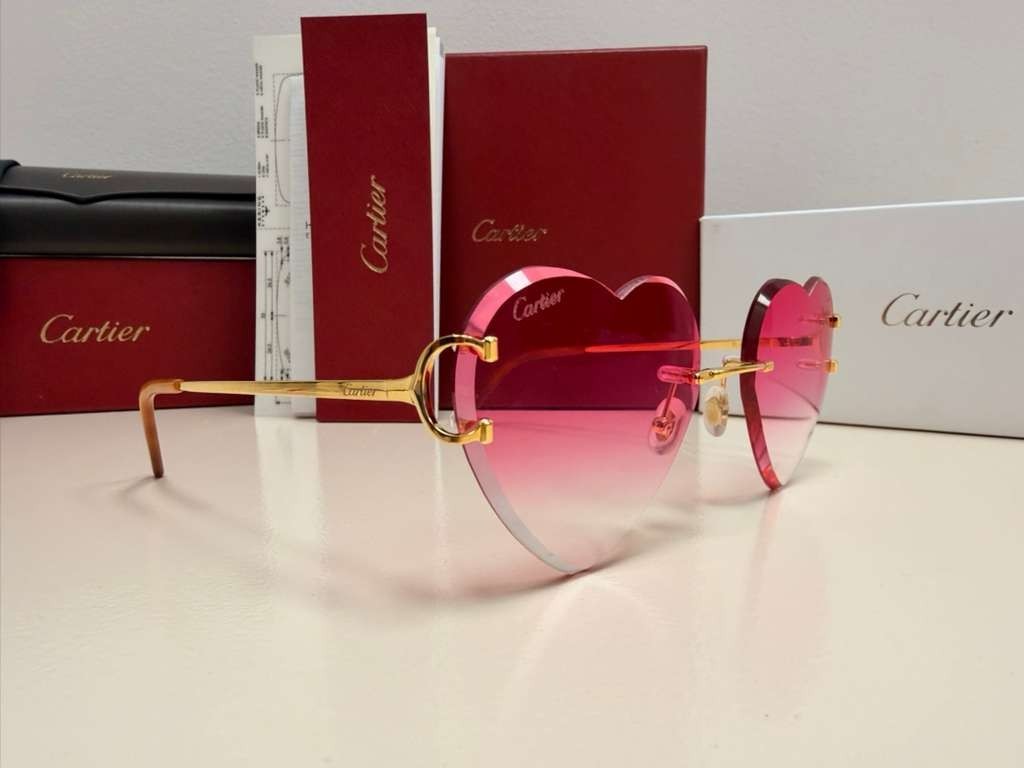 Cartier Big C Rimless Heart Sunglasses Pink Gradient Lens Gold Frame Full Set.