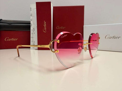 Cartier Big C Rimless Heart Sunglasses Pink Gradient Lens Gold Frame Full Set.