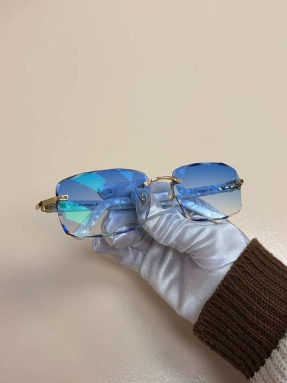 Cartier C Decor Rimless Sunglasses Customized Authentic Blue Lenses Full Set Box