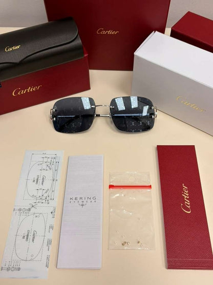 Cartier Big C Rimless Sunglasses Silver Frame Grey Lens Authentic w/ Box & Full