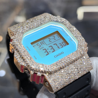 Blue Dial+ G-Shock DW-5600TL 5CT Natural Diamonds All Rose Bezel ICED OUT Watch