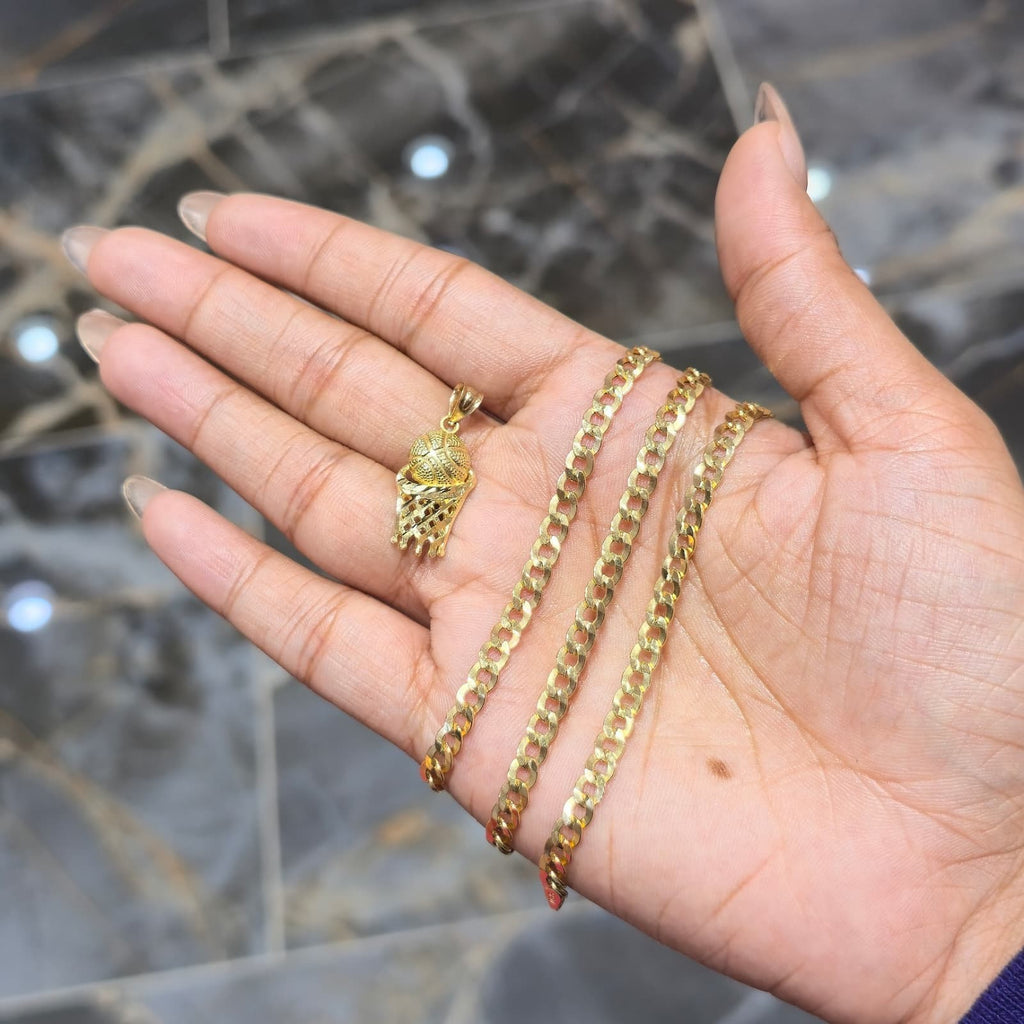 Real 10K Gold Cuban Curb Chain 4mm 20" w/ Basketball Pendant Charm Combo DEAL