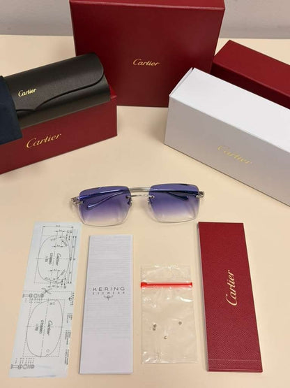 Cartier Panthere Decor Rimless Sunglasses Platinum Frame Blue Gradient Lens