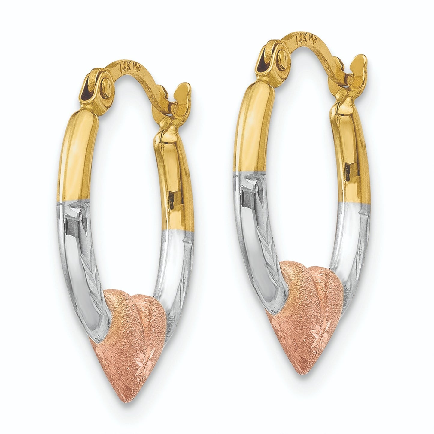 14K Tri-Color Gold Heart Diamond-Cut Round Small Hoops Earrings 13mm