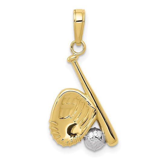 10k Two-tone Gold Baseball, Bat, and Glove Pendant 1.1 gram, L-0.99 In, W-0.5 In