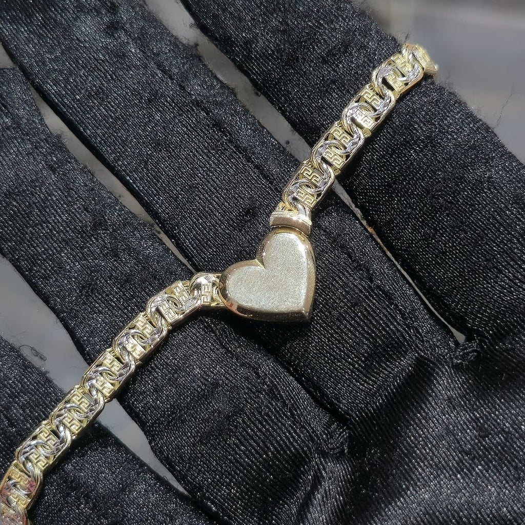 10K Yellow Gold Two Tone Heart Necklace Bracelet Set Greek Key Womens 17" 7" 5mm