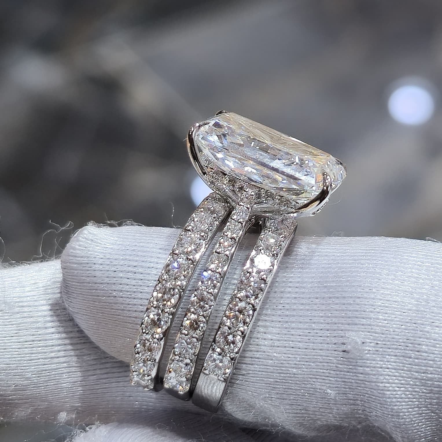 11.49CT Radiant Lab Grown Diamond Ring Set E VVS2 | 14K White Gold | Hidden Halo