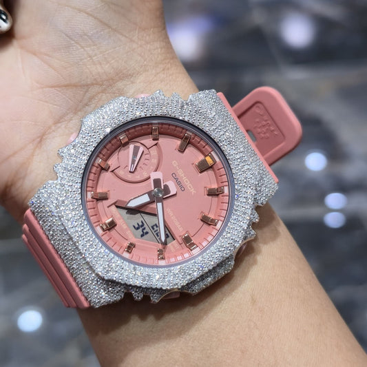 Casio G-Shock Shocking Pink S2100BA Iced Out Diamond Watch 5CT