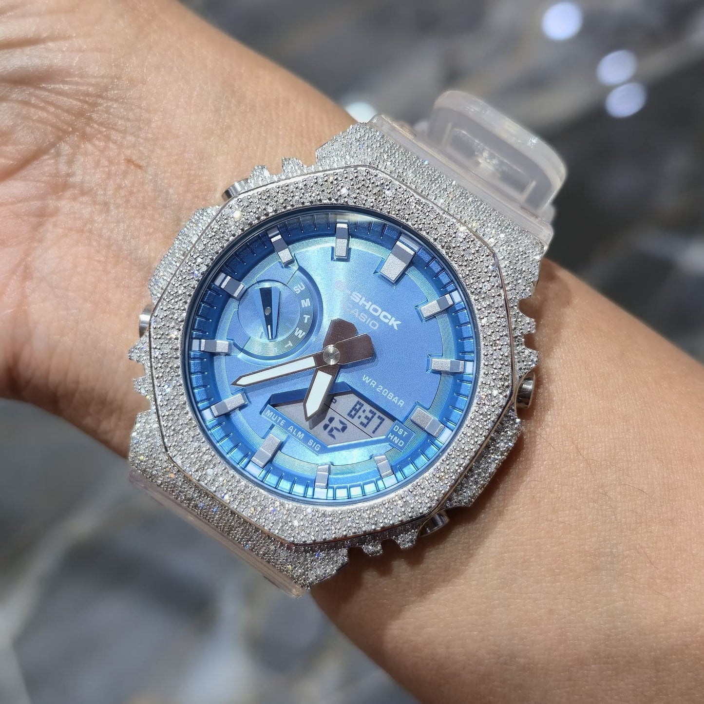 Casio G-Shock S2100  Iced Out Natural Diamond Watch 5CT | Blue Dial Clear Band