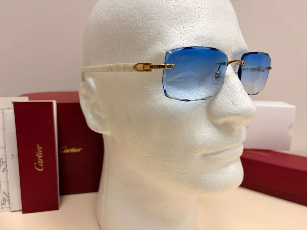 Cartier C Decor Rimless Sunglasses Customized Authentic Blue Lenses Full Set Box