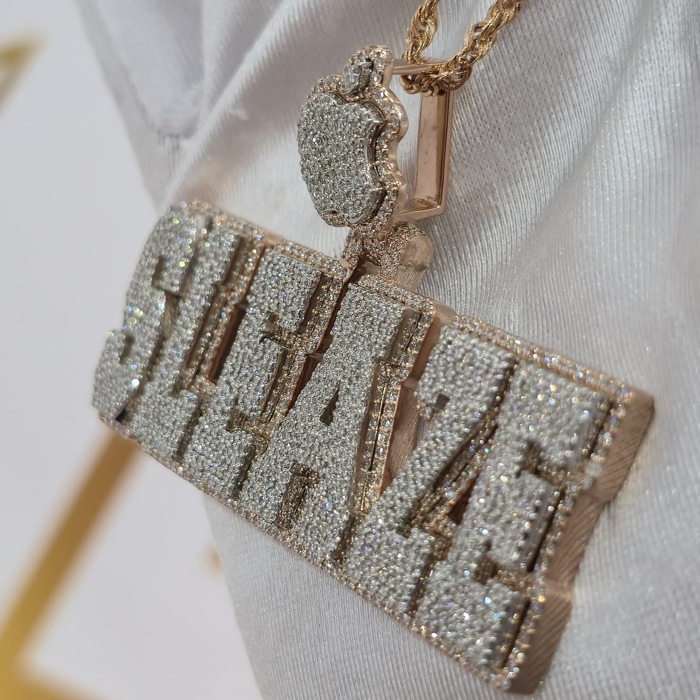 Custom Design Real Diamond Two Layer Block Nameplate Pendant Gold   2.5"