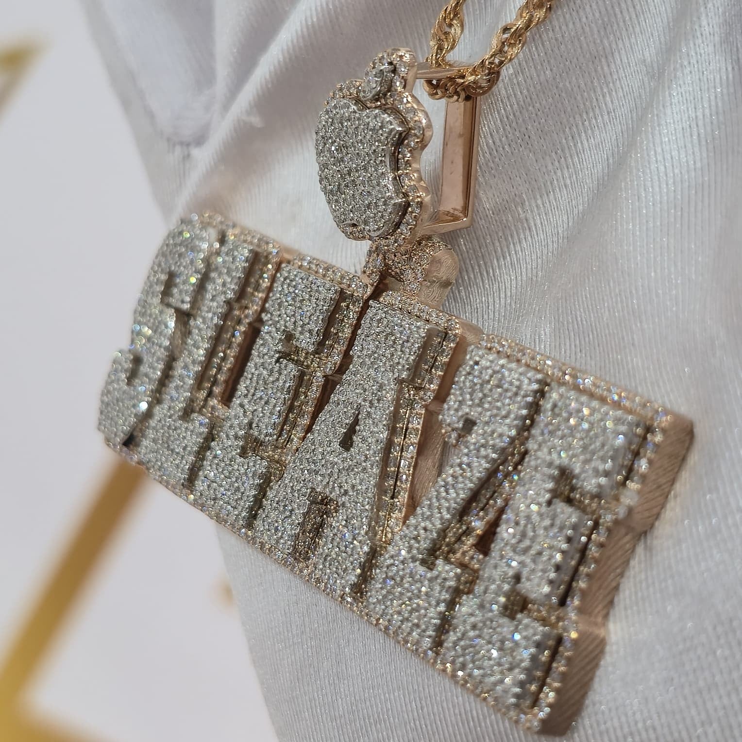 Custom Design Real Diamond Two Layer Block Nameplate Pendant Gold   2.5"