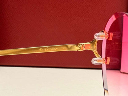 Cartier Big C Rimless Heart Sunglasses Pink Gradient Lens Gold Frame Full Set.