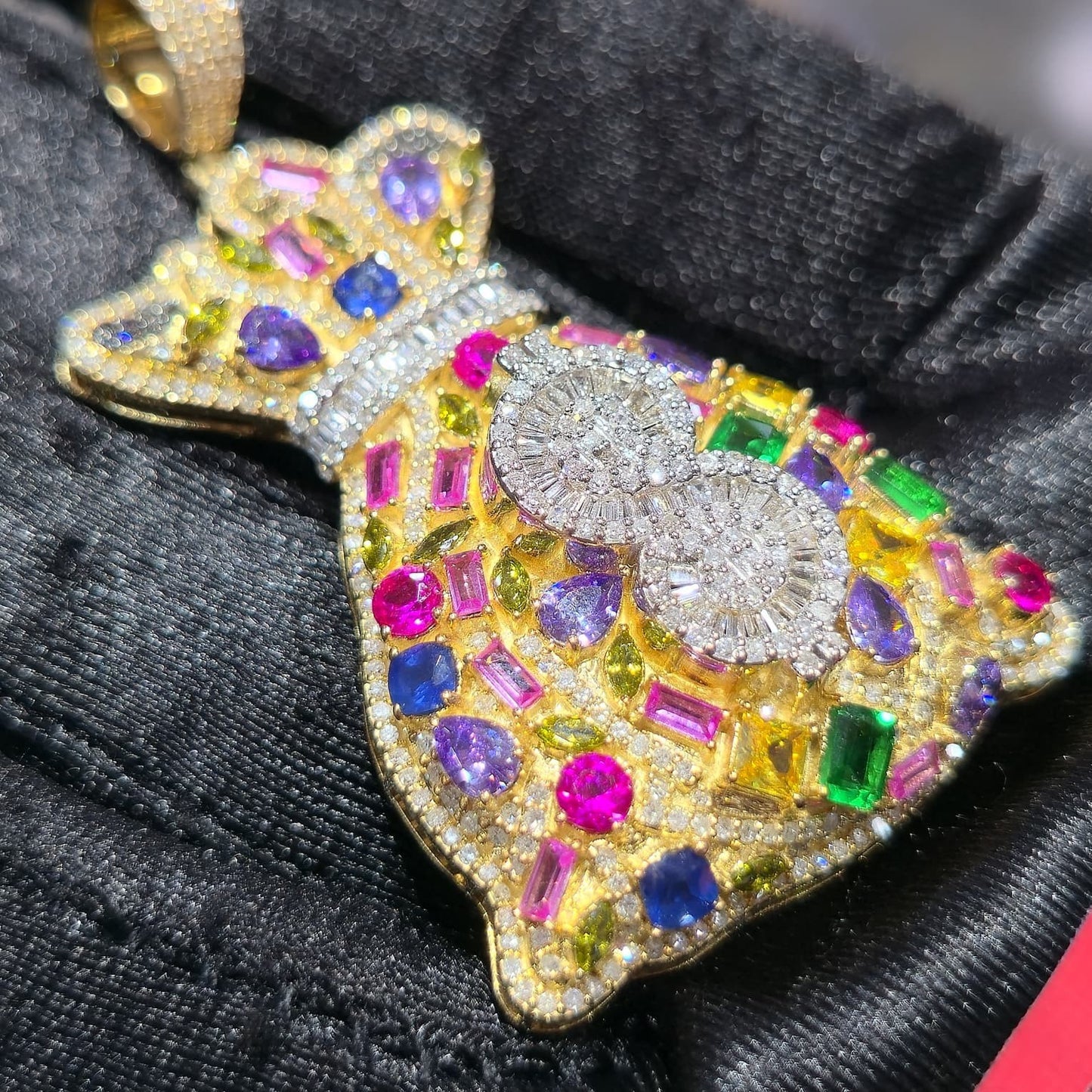 10K Gold Diamond Royal Money Bag Pendant 2.00ctw Multi-Color Gemstone 2 Inch