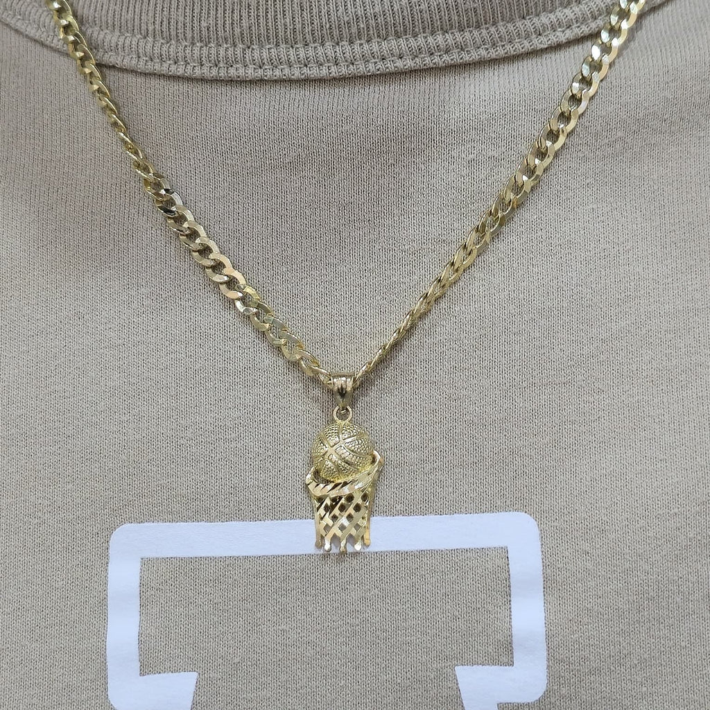 Real 10K Gold Cuban Curb Chain 4mm 20" w/ Basketball Pendant Charm Combo DEAL