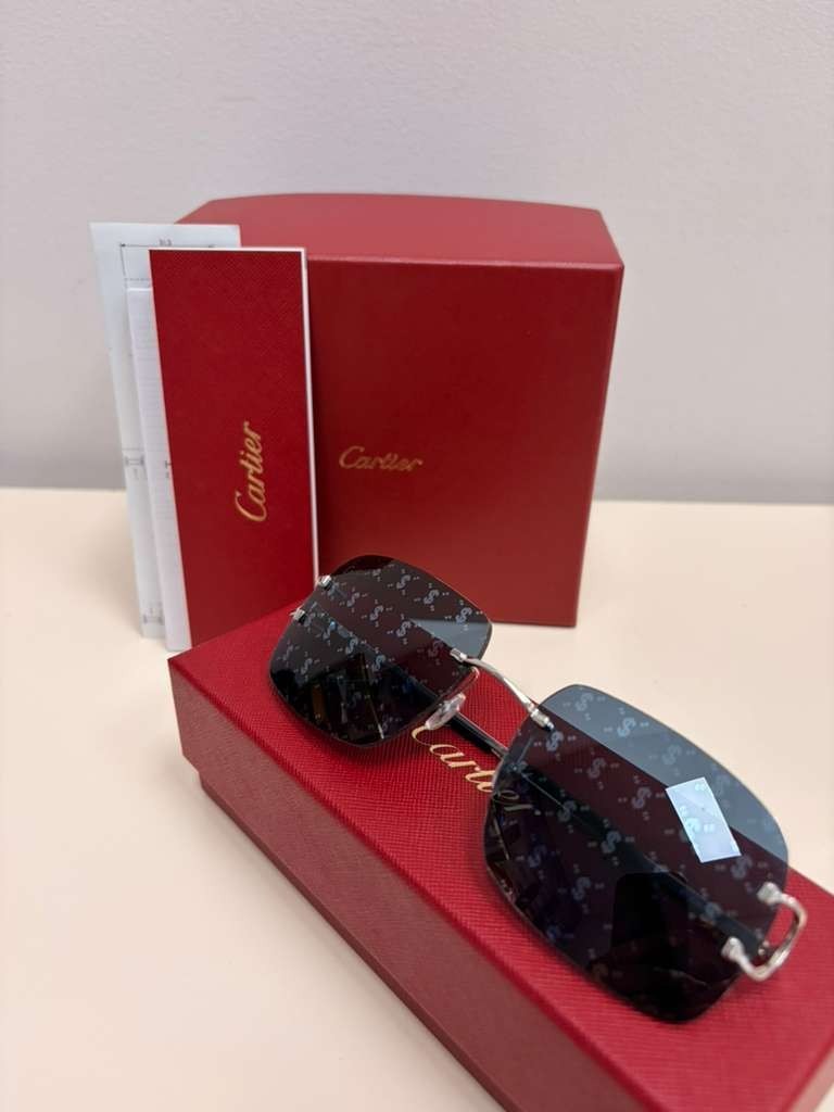 Cartier Big C Rimless Sunglasses Silver Frame Grey Lens Authentic w/ Box & Full