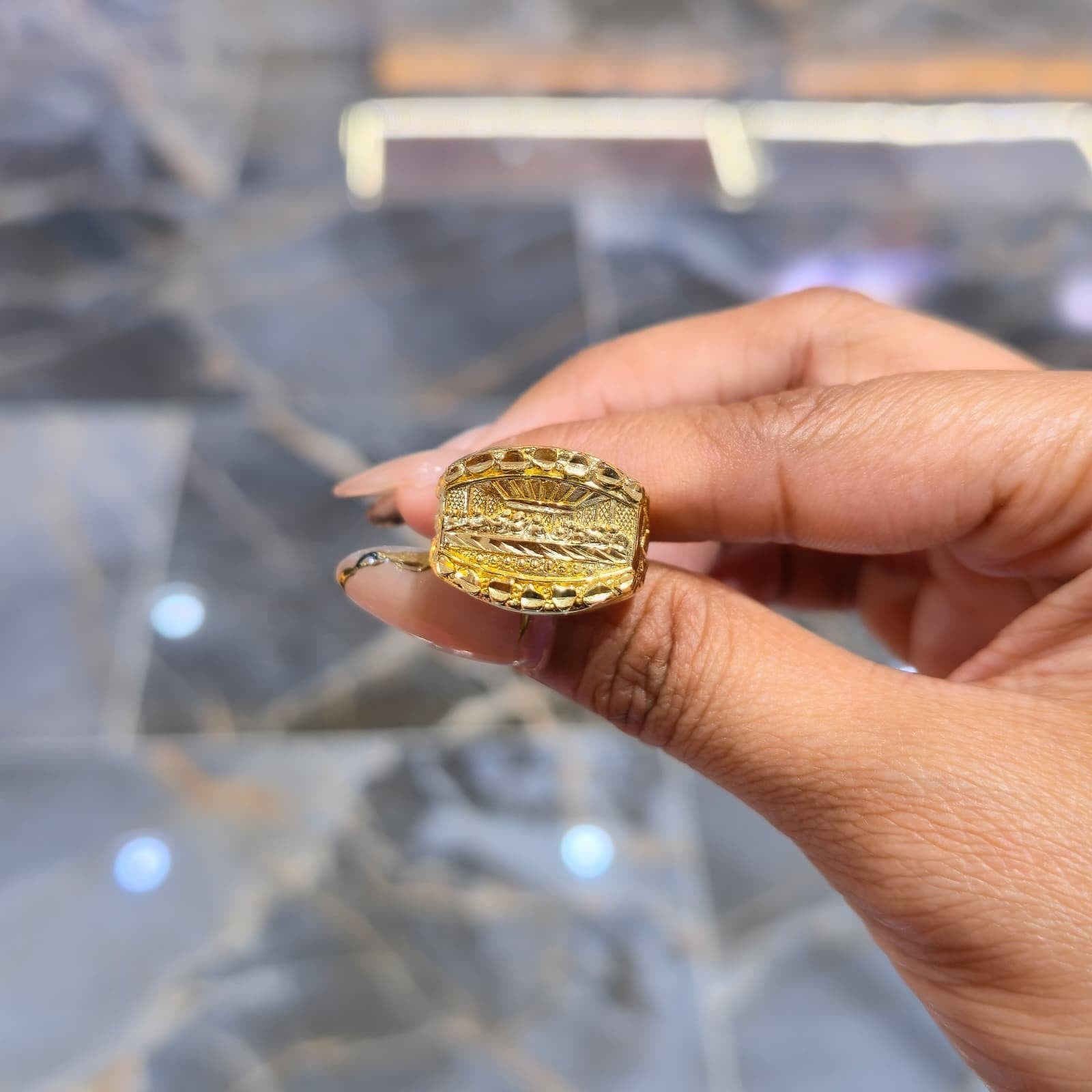 10K Solid Yellow Gold Last Supper Ring Cross Design Men’s Pinky Statement Ring