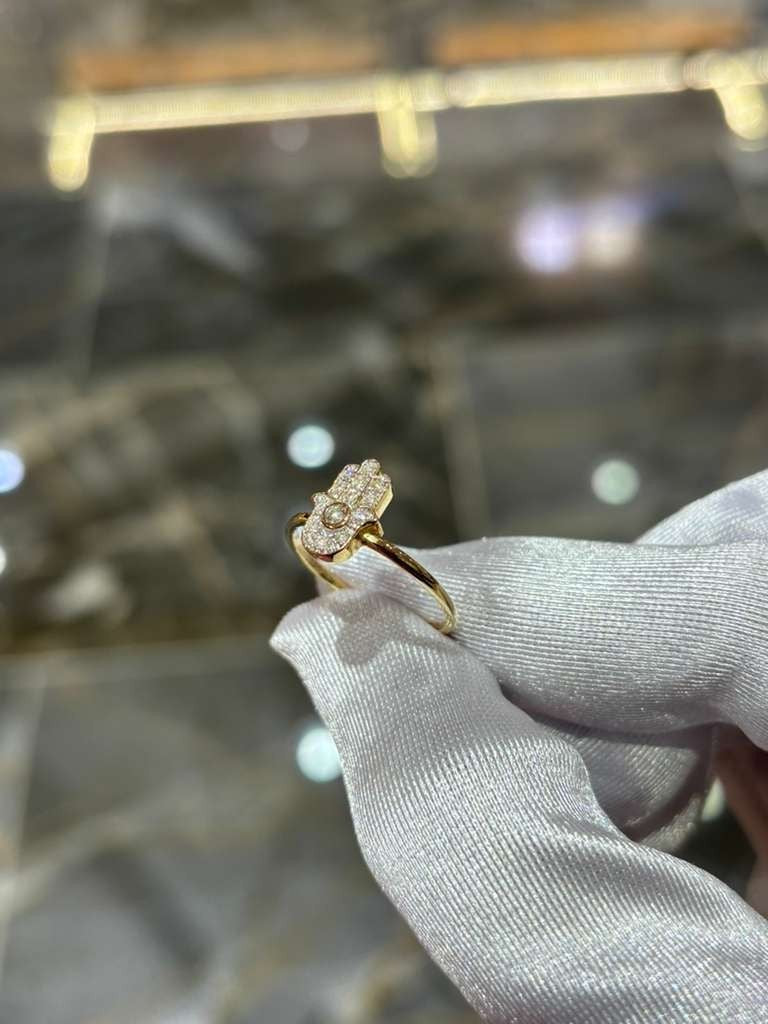 Hamsa Natural Diamond Ring 10K Solid Yellow Gold Hand Symbol 0.13CT Certified