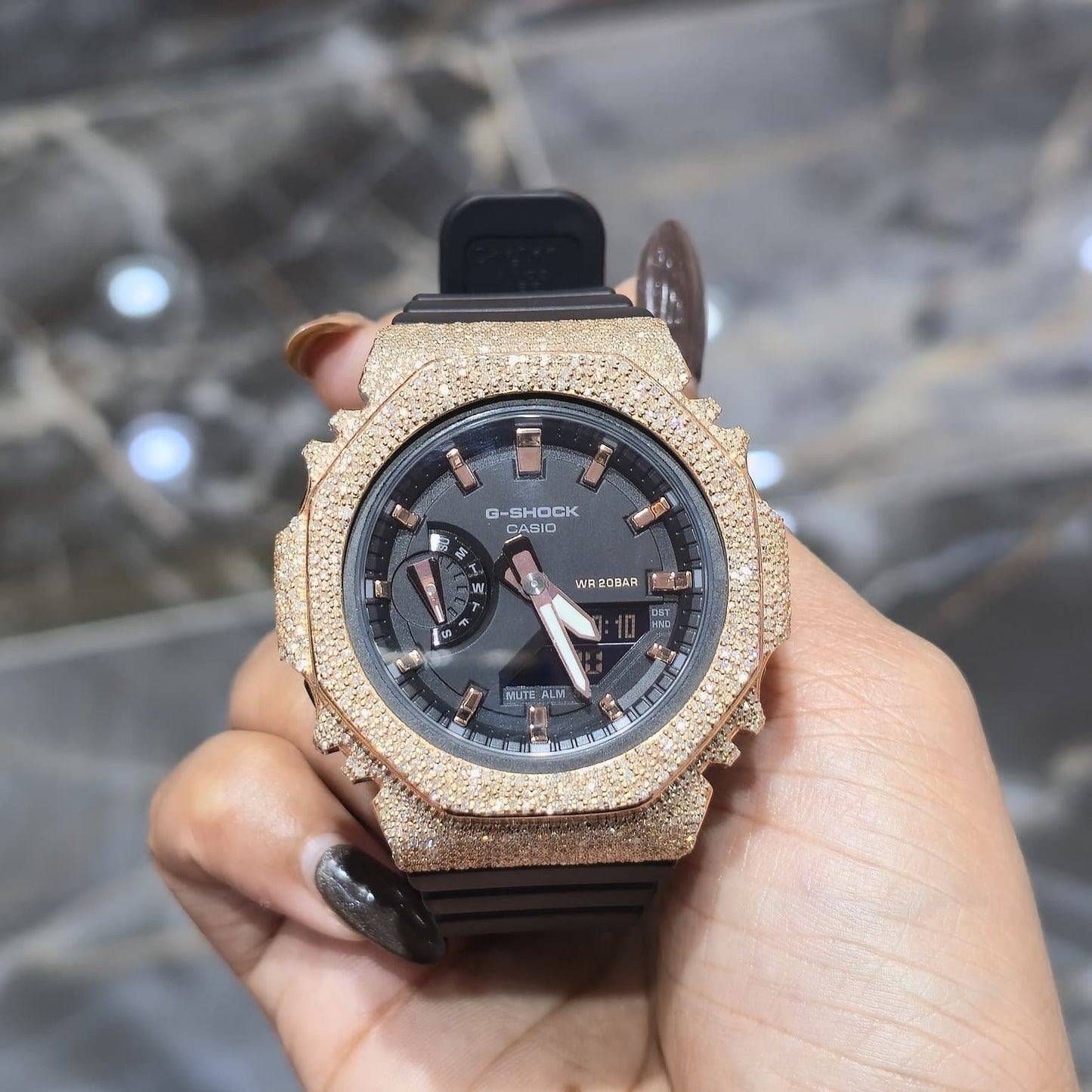 Casio G-Shock Black & Rose S2100BA Iced Out Diamond Watch 5CT
