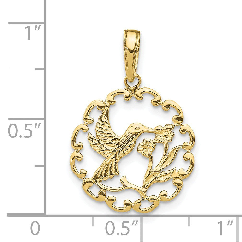 10k Yellow Gold Hummingbird w/ Flower in Frame Pendant