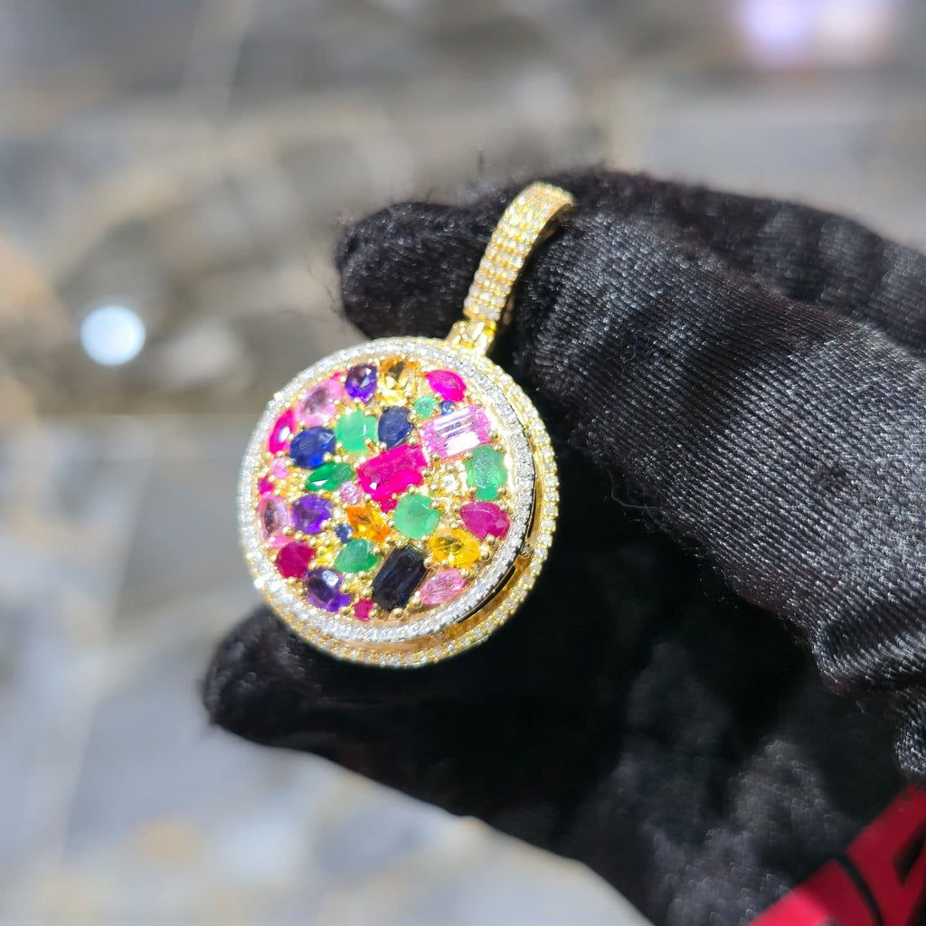 10K Yellow Gold Diamond Multi Gemstone Circle Pendant 4.35 ctw Ruby Emerald Men