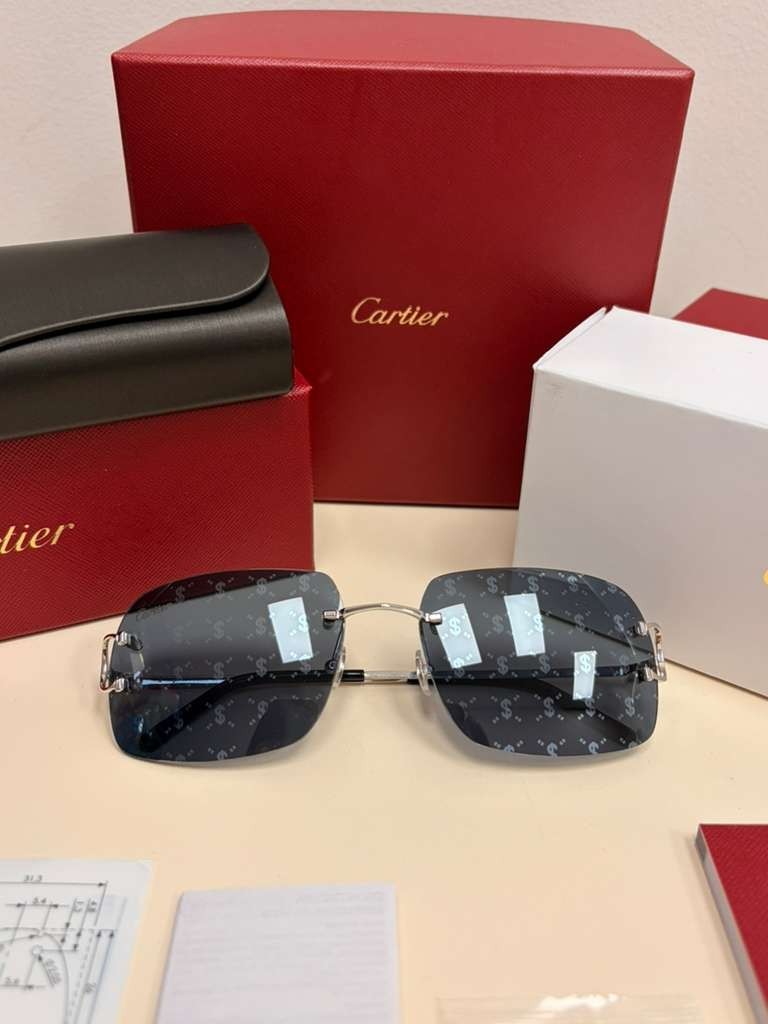 Cartier Big C Rimless Sunglasses Silver Frame Grey Lens Authentic w/ Box & Full