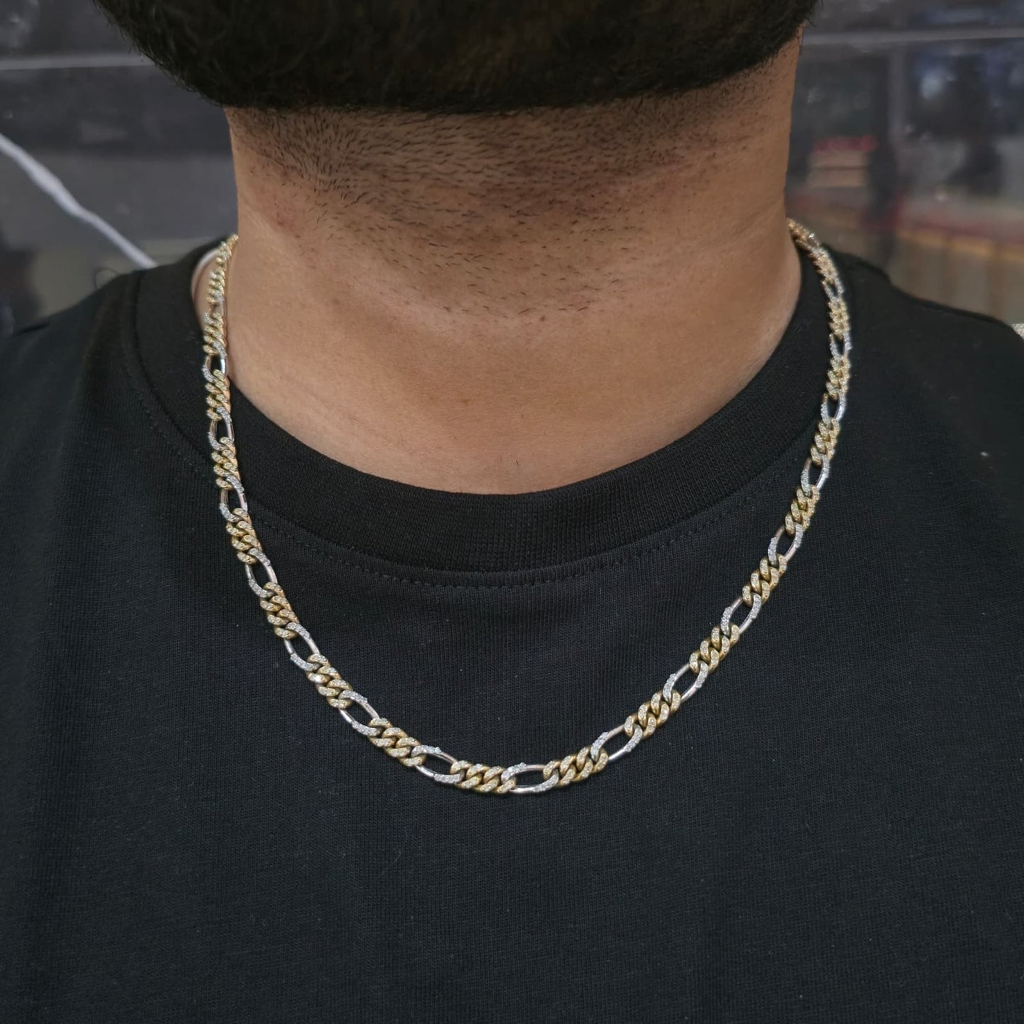 5MM 10K Two Tone Gold Figaro Chain 4.31CT Natural Diamond 20” White Yellow