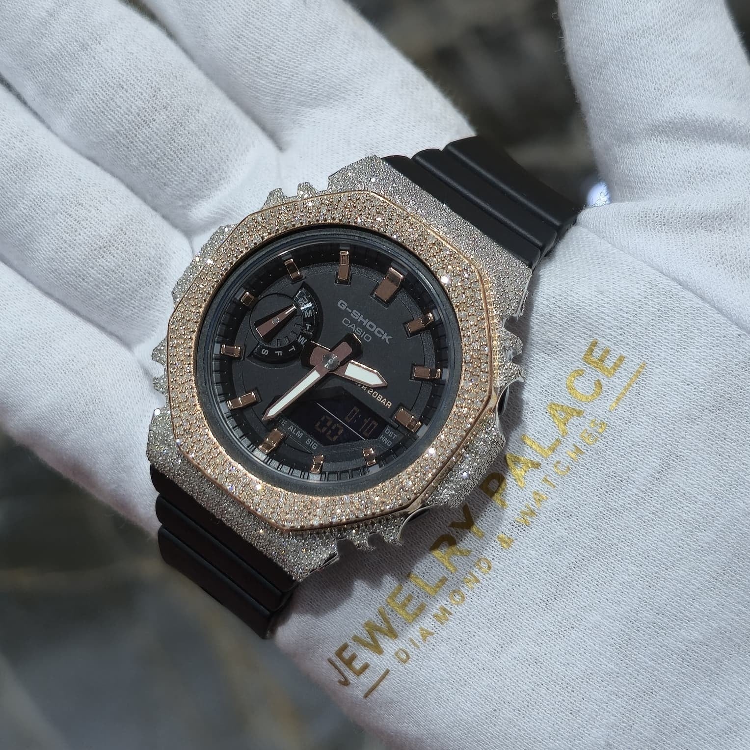 Casio G-Shock S2100  Iced Out Natural Diamond Watch 5CT | Black+ Rose MarkerDial