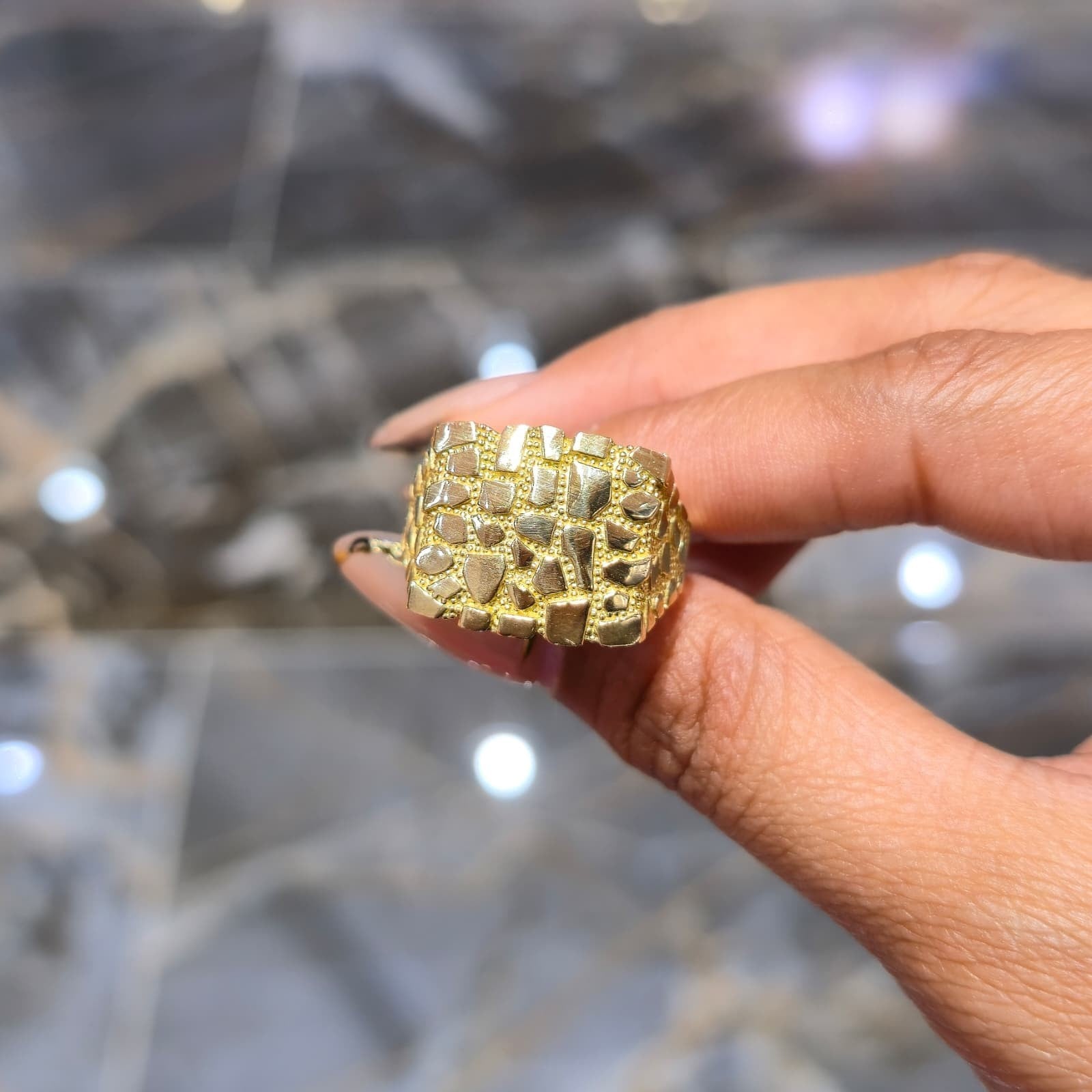 Extra Large Square Dome Nugget Ring Solid Real 10K Yellow Gold All Sizes