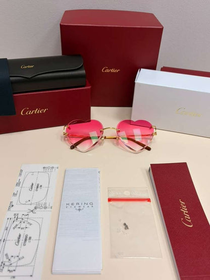 Cartier Big C Rimless Heart Sunglasses Pink Gradient Lens Gold Frame Full Set.