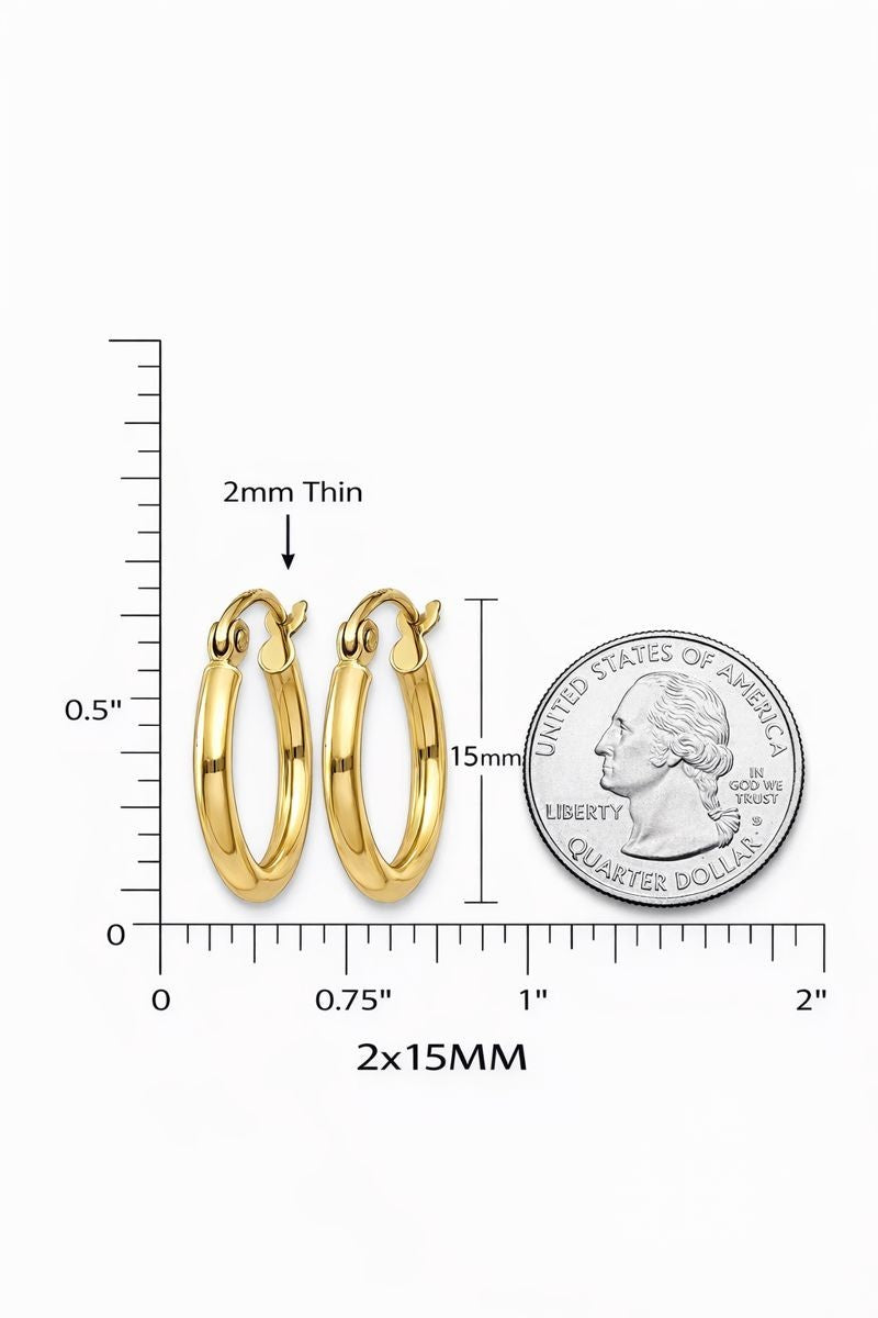 14K Yellow Gold Polished Tube Hoop Earrings 15mm Lightweight 2mm Thick
