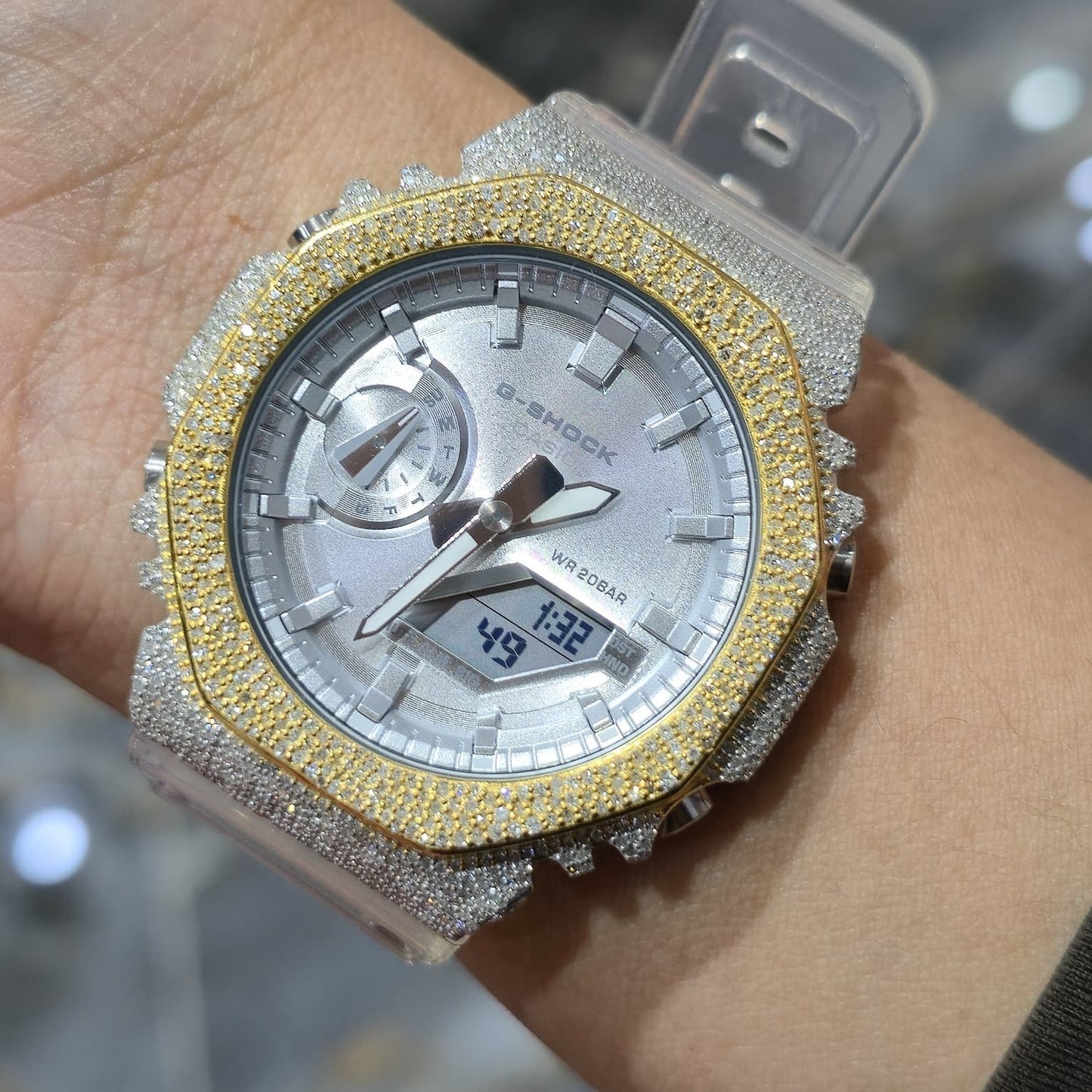 Casio G-Shock S2100  Iced Out Natural Diamond Watch 5CT | Silver Dial Clear Band