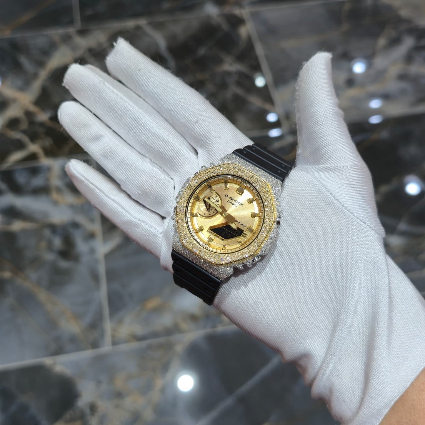 Casio G-Shock S2100  Iced Out Natural Diamond Watch 5CT | Gold Dial