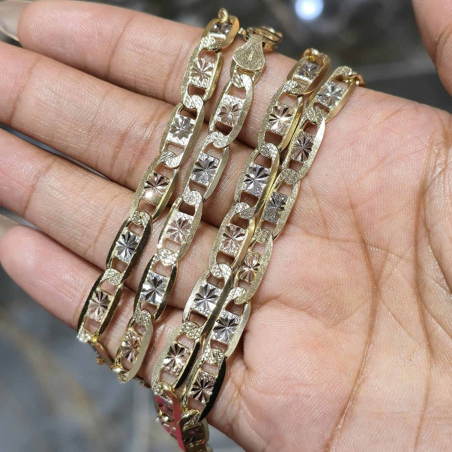 14K Solid Gold Tri Color Valentino Chain Necklace 22 inch 5mm Women