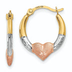 14K Tri-Color Gold Heart Diamond-Cut Round Small Hoops Earrings 13mm