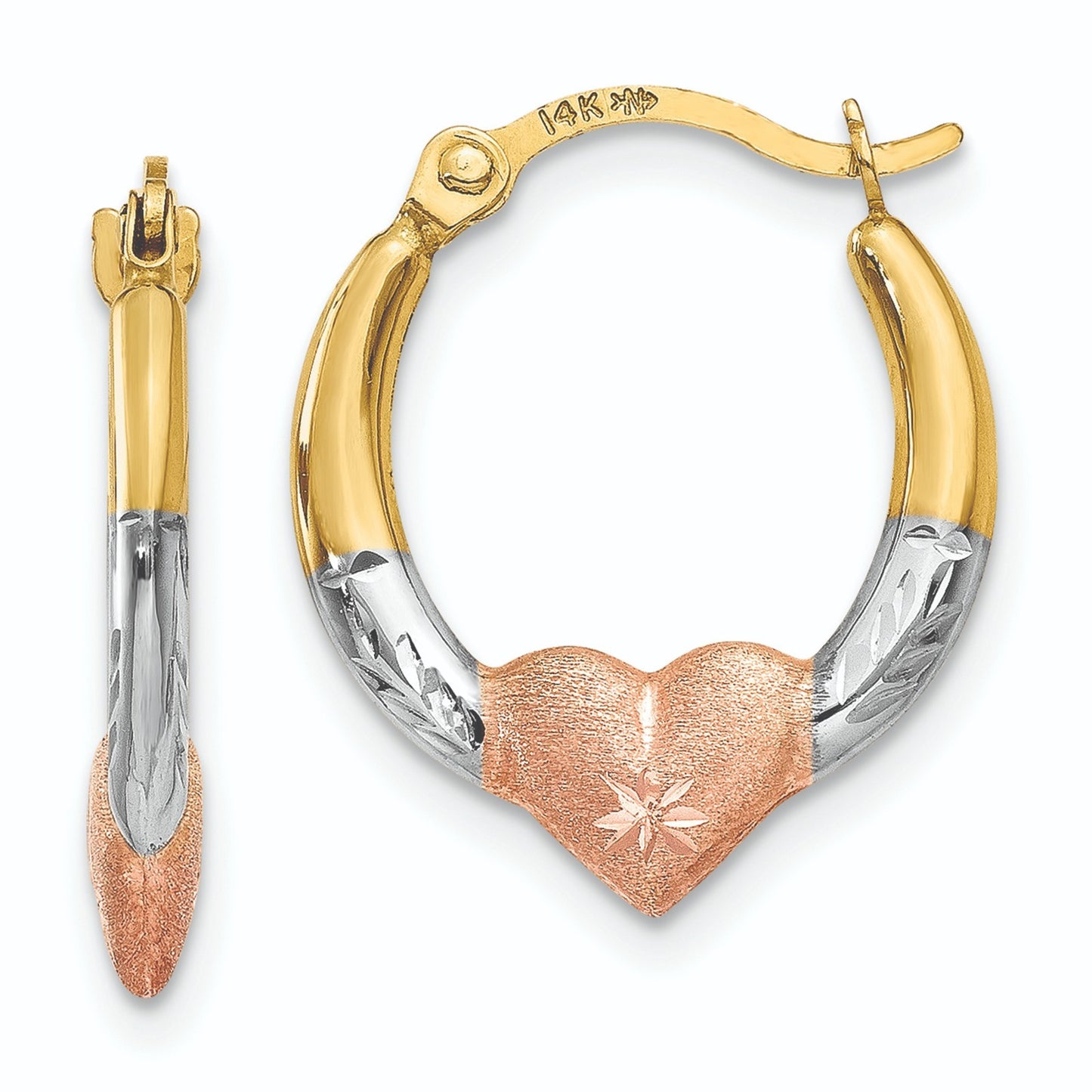 14K Tri-Color Gold Heart Diamond-Cut Round Small Hoops Earrings 13mm